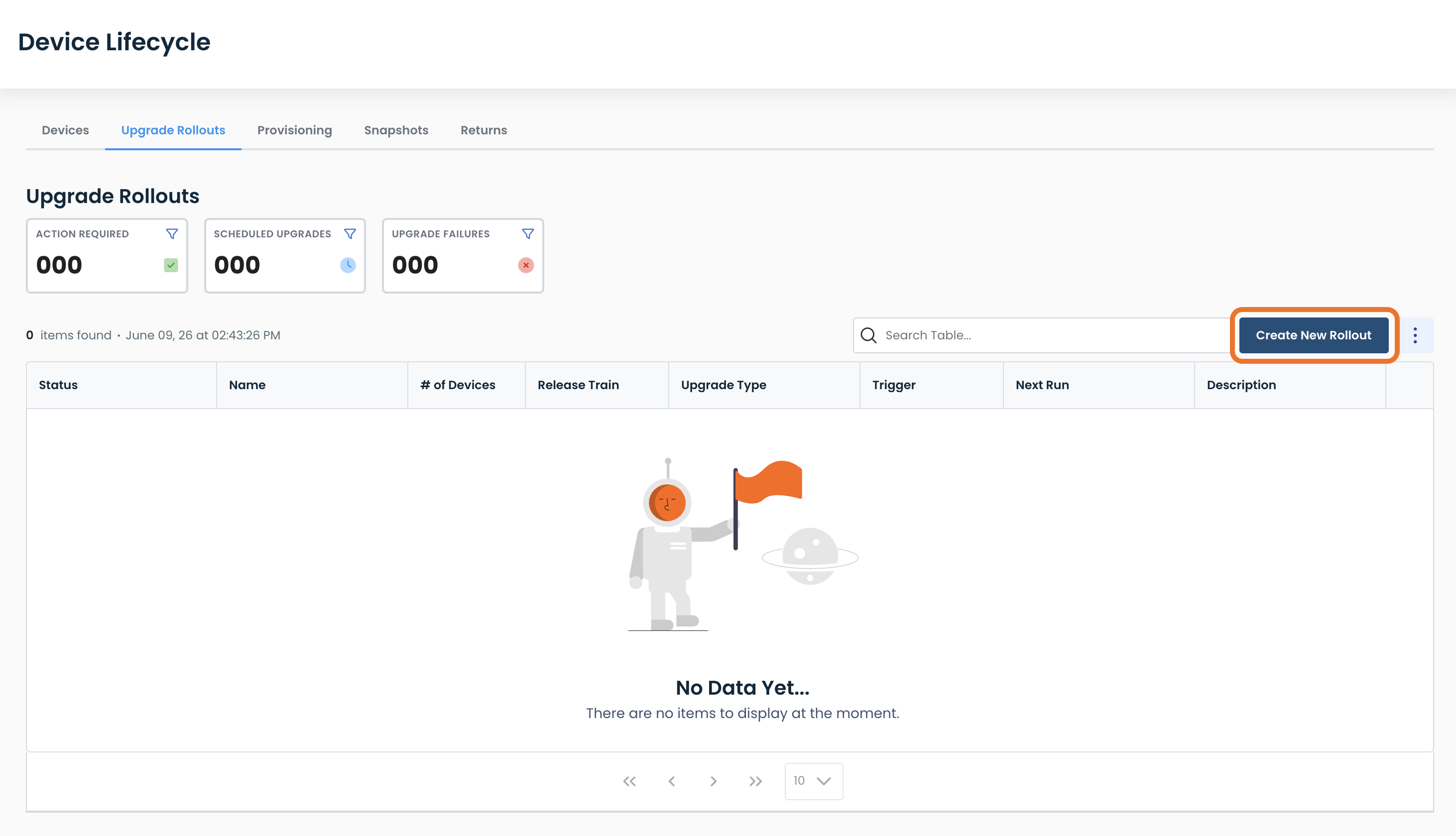 Device lifecycle management interface showing upgrade rollout options and a prompt to create a new rollout.